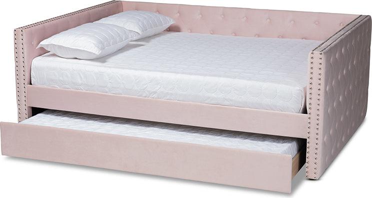 Wholesale Interiors Daybeds - Larkin Pink Velvet Fabric Upholstered Full Size Daybed with Trundle