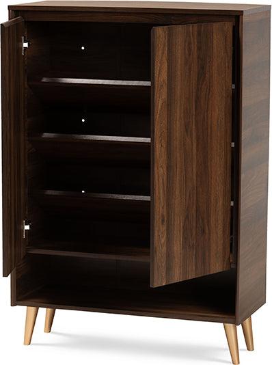 Wholesale Interiors Shoe Storage - Landen Mid-Century Modern Brown and Gold Wood 2-Door Entryway Shoe storage Cabinet