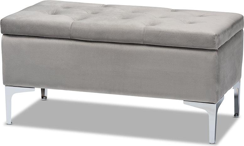 Wholesale Interiors Ottomans & Stools - Mabel Modern Transitional Grey Velvet Fabric Upholstered Silver Finished Storage Ottoman