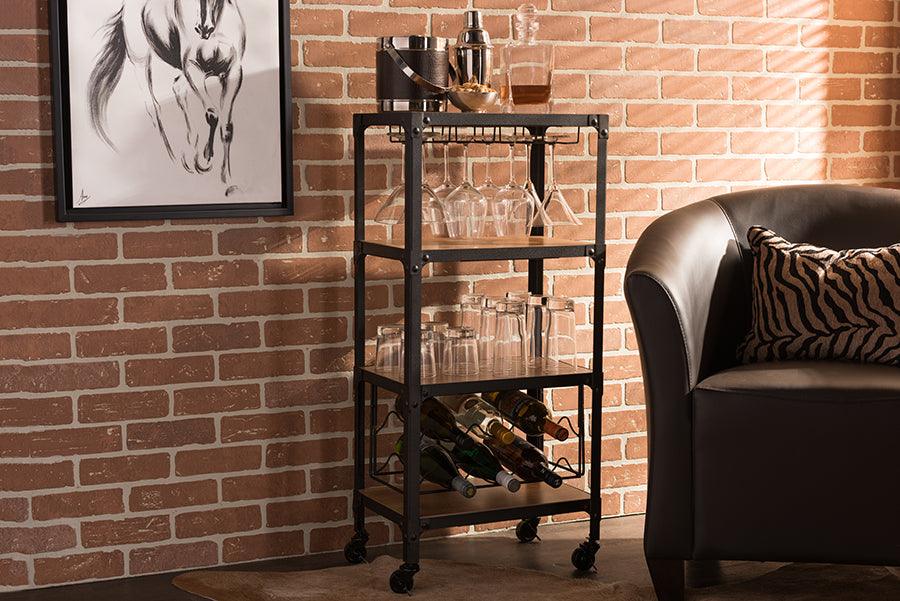 Wholesale Interiors Bar Units & Wine Cabinets - Swanson Rustic Industrial Style Antique Black Textured Finish Metal Distressed Wood
