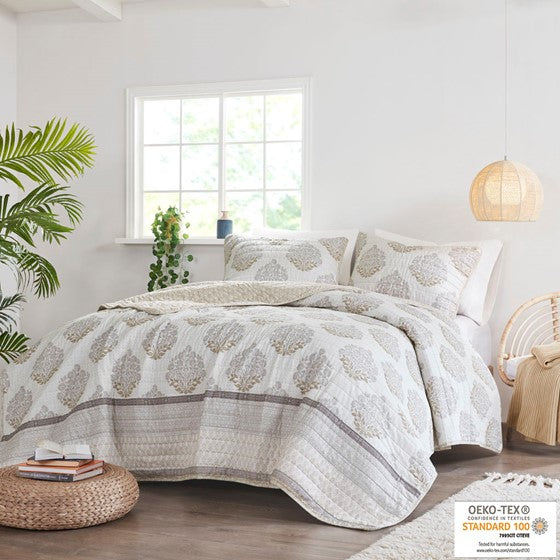 Olliix.com Coverlet - 3 Piece Reversible Cotton Coverlet Set Neutral Full/Queen