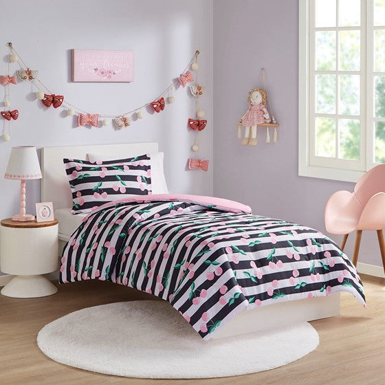 Olliix.com Comforters & Blankets - Cherries Printed Comforter Set Pink/Black Full/Queen