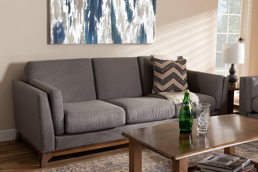 Wholesale Interiors Sofas & Couches - Sava Mid-Century Modern Gray Fabric Upholstered Walnut Wood 3-Seater Sofa