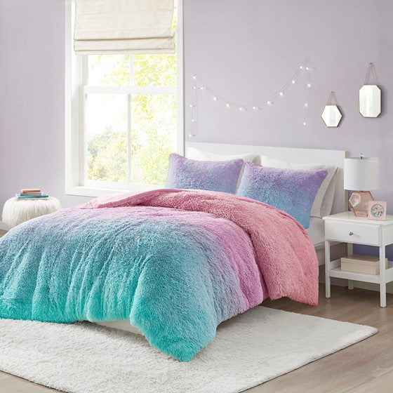 Olliix.com Comforters & Blankets - Ombre Shaggy Faux Fur Comforter Set Purple Multi Twin XL