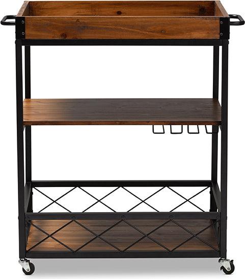 Wholesale Interiors Bar Units & Wine Cabinets - Capri Vintage Rustic Industrial Oak Brown and Black Finished Mobile Metal Bar Cart