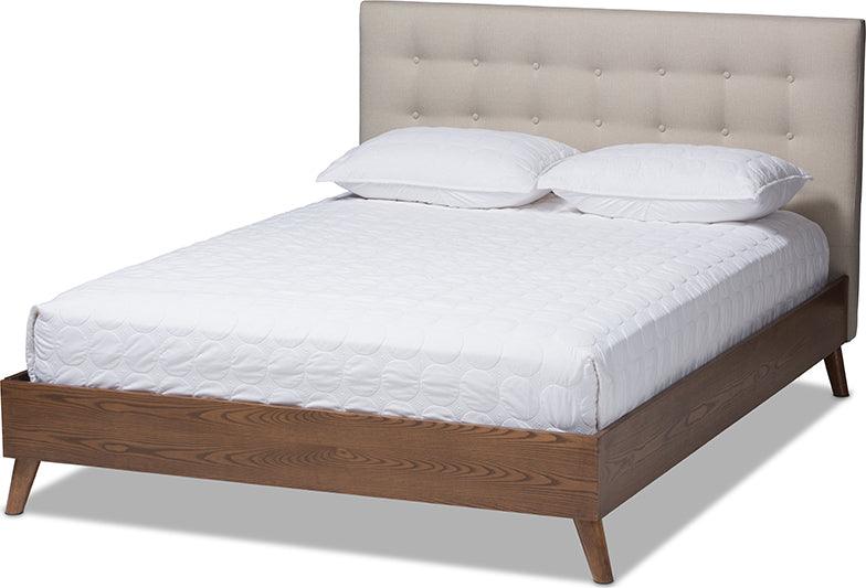 Wholesale Interiors Beds - Alinia Mid-Century Retro Modern Light Beige Fabric Upholstered Walnut Wood King Size Platform Bed