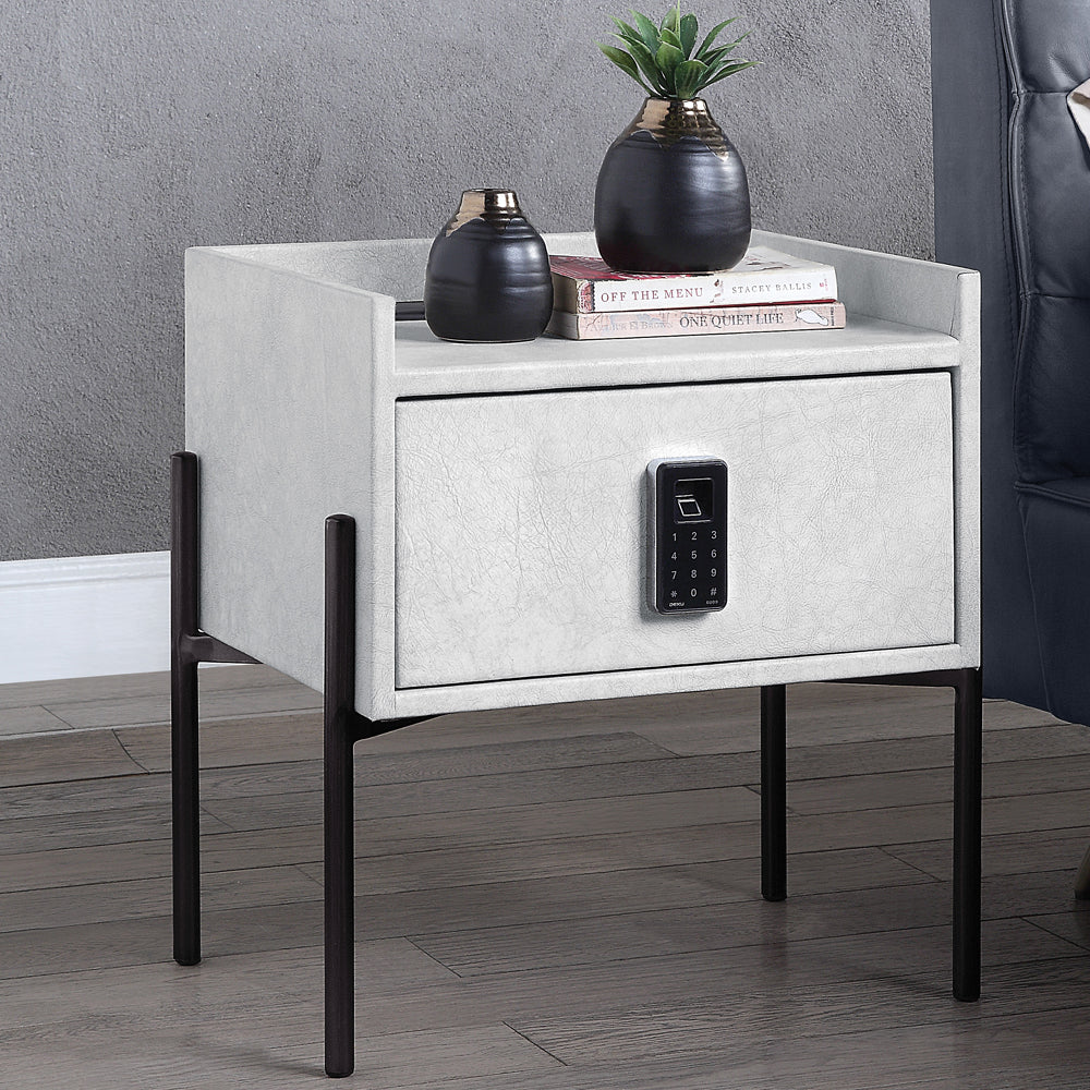 ACME Nightstands & Side Tables - ACME Metis Nightstand w/USB Port & Electric Lock, Vintage White Top Grain Leather