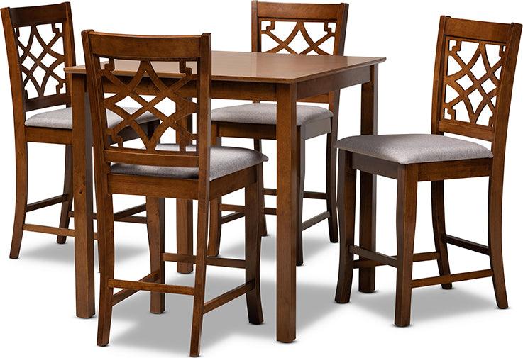 Wholesale Interiors Dining Sets - Nisa Grey Fabric Upholstered Walnut Brown Finished Wood 5-Piece Pub Set