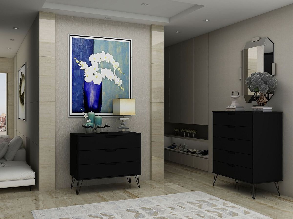 Manhattan Comfort Bedroom Sets - Rockefeller 5-Drawer & 3-Drawer Black Dresser Set
