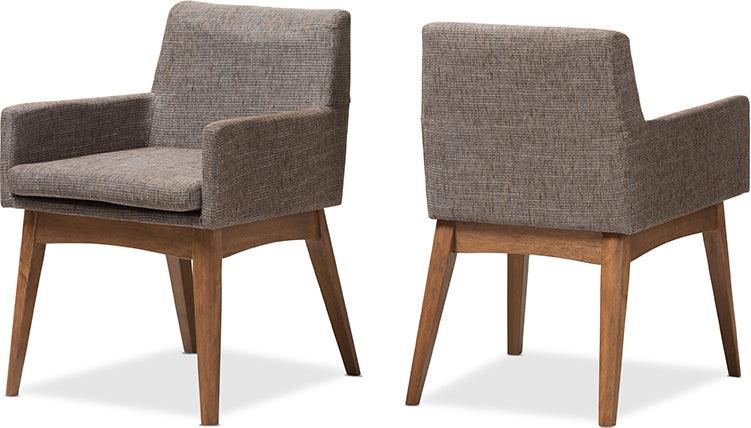 Wholesale Interiors Dining Chairs - Nexus Mid-Century Modern Walnut Wood and Gravel Fabric Arm Chair (Set of 2)