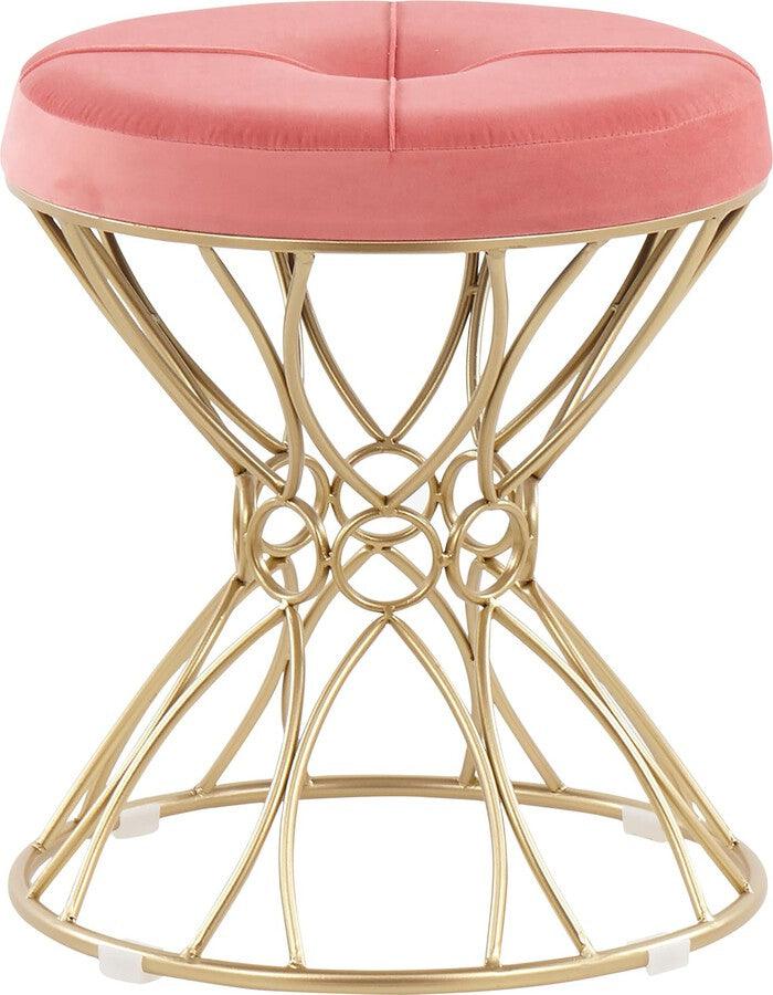 Lumisource Bedroom Vanity - Jasmine Contemporary Vanity Stool in Gold Metal and Pink Velvet