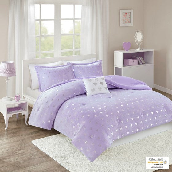 Olliix.com Comforters & Blankets - Metallic Printed Plush Comforter Set Purple/Silver Twin XL