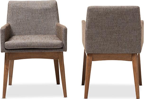 Wholesale Interiors Dining Chairs - Nexus Mid-Century Modern Walnut Wood and Gravel Fabric Arm Chair (Set of 2)