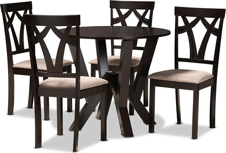 Wholesale Interiors Dining Sets - Reagan Sand Fabric Upholstered and Dark Brown Finished Wood 5-Piece Dining Set