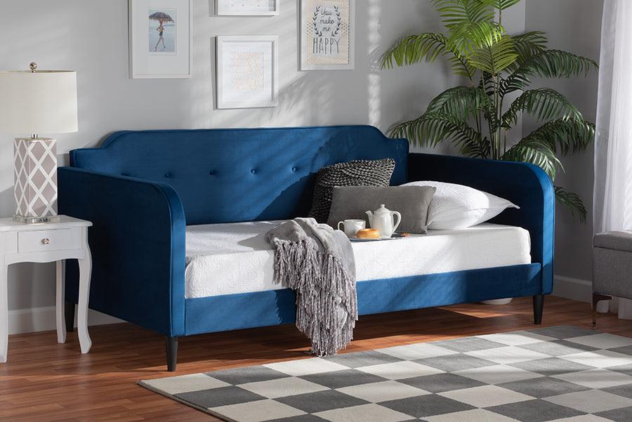 Wholesale Interiors Daybeds - Kaya Modern and Contemporary Navy Blue Velvet Fabric and Dark Brown Finished Wood Twin Size Daybed
