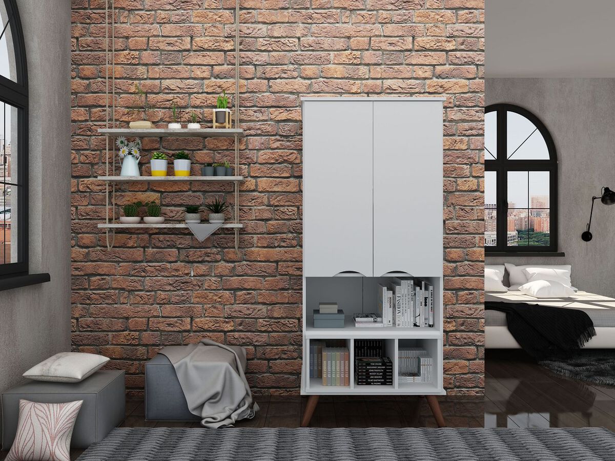 Manhattan Comfort Buffets & Cabinets - Hampton 26.77 Display Cabinet 6 Shelves and Solid Wood Legs in White