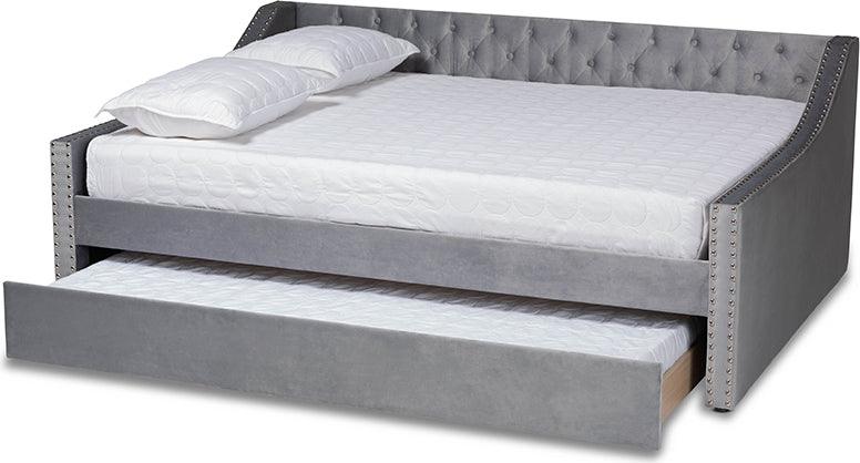 Wholesale Interiors Daybeds - Raphael Grey Velvet Fabric Upholstered Queen Size Daybed with Trundle