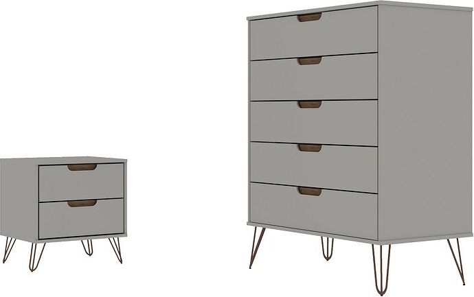 Manhattan Comfort Bedroom Sets - Rockefeller 44" Tall 5 Dresser and 2 Drawer Nightstand Off White & Nature