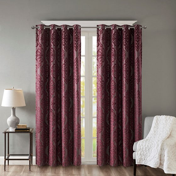 Olliix.com Curtains - Knitted Jacquard Damask Total Blackout Grommet Top Curtain Panel Burgundy