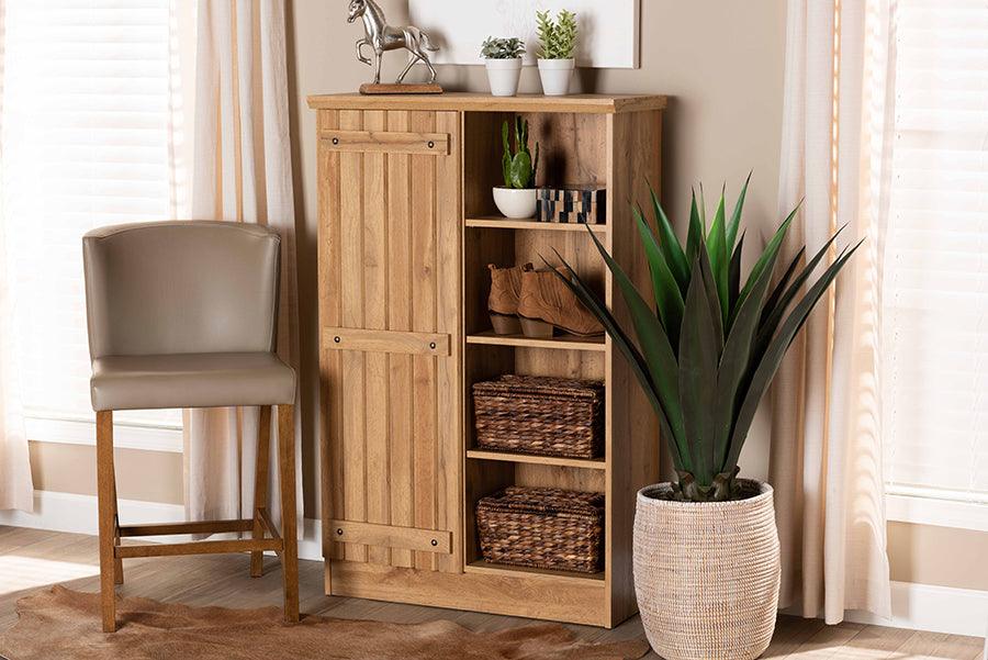 Wholesale Interiors Shoe Storage - Eren Modern and Contemporary Farmhouse Natural Oak Brown Finished Wood 1-Door Shoe Cabinet