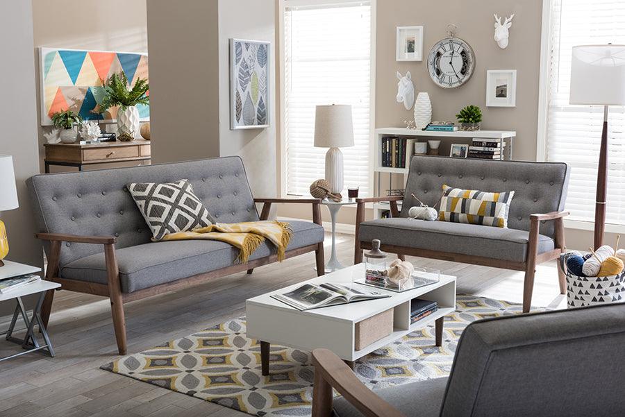 Wholesale Interiors Living Room Sets - Sorrento Mid-Century Retro Modern Grey Fabric Upholstered Wooden 3 Piece Living Room Set