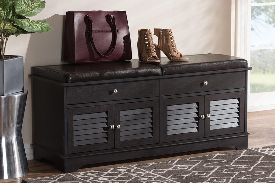 Wholesale Interiors Benches - Leo Modern and Contemporary Dark Brown Wood 2-Drawer Shoe Storage Bench Dark Brown