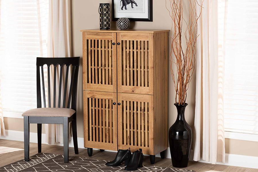 Wholesale Interiors Shoe Storage - Fernanda Oak Brown Finished Wood 4-Door Shoe Storage Cabinet