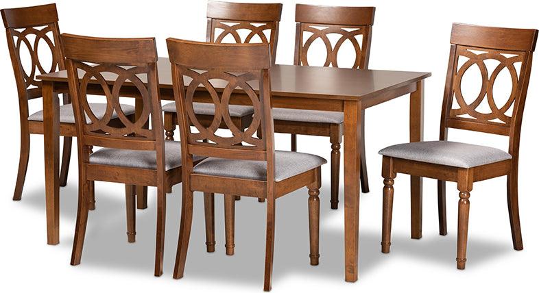 Wholesale Interiors Dining Sets - Lucie Grey Fabric Upholstered and Walnut Brown Finished Wood 7-Piece Dining Set