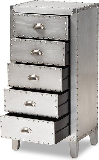 Wholesale Interiors Bedroom Organization - Carel French Industrial Silver Metal 5-Drawer Accent Storage Cabinet