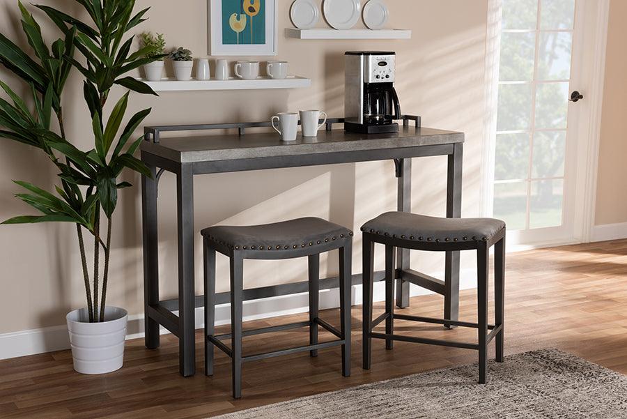 Wholesale Interiors Dining Sets - Noll Modern and Contemporary Grey Fabric Upholstered 3-Piece Multipurpose Metal Counter Table Set
