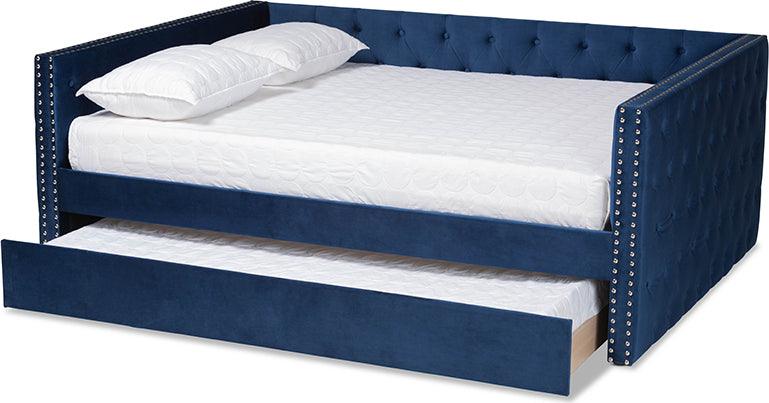 Wholesale Interiors Daybeds - Larkin Navy Blue Velvet Fabric Upholstered Queen Size Daybed with Trundle