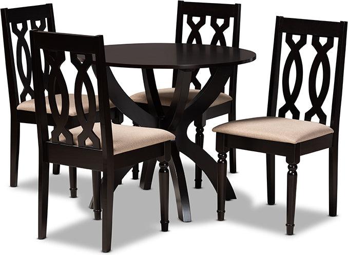 Wholesale Interiors Dining Sets - Mona Sand Fabric Upholstered and Dark Brown Finished Wood 5-Piece Dining Set