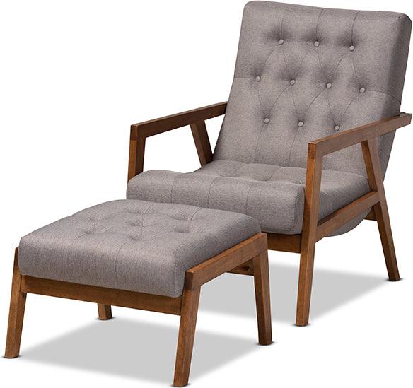 Wholesale Interiors Living Room Sets - Naeva Mid-Century Modern Grey Fabric Wood 2-Piece Armchair and Footstool Set