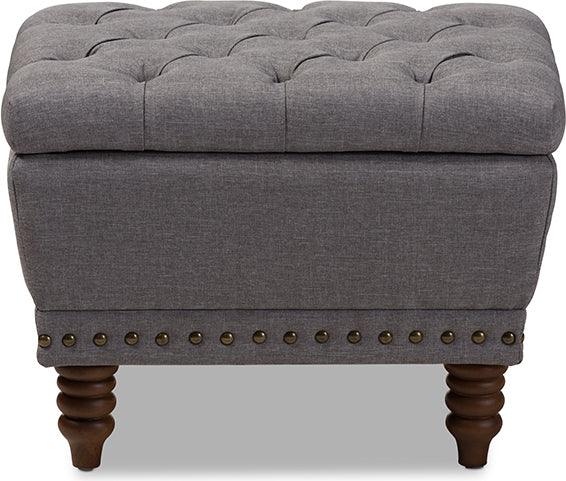 Wholesale Interiors Ottomans & Stools - Annabelle Light Grey Fabric Upholstered Walnut Wood Finished Button-Tufted Storage Ottoman