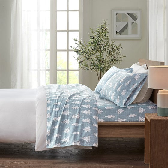 Olliix.com Sheets & Sheet Sets - 100% Cotton Flannel Printed Sheet Set Blue Forest Queen