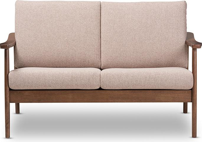 Wholesale Interiors Loveseats - Venza Mid-Century Modern Walnut Wood Light Brown Fabric Upholstered 2-Seater Loveseat