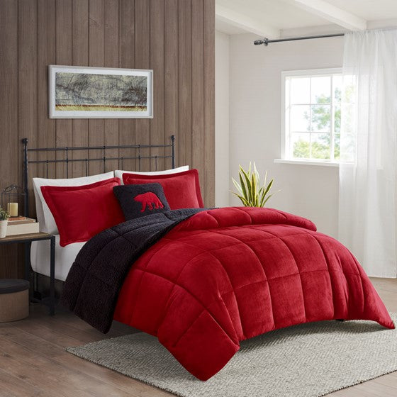 Olliix.com Comforters & Blankets - Plush to Sherpa Down Alternative Comforter Set Red/Black King