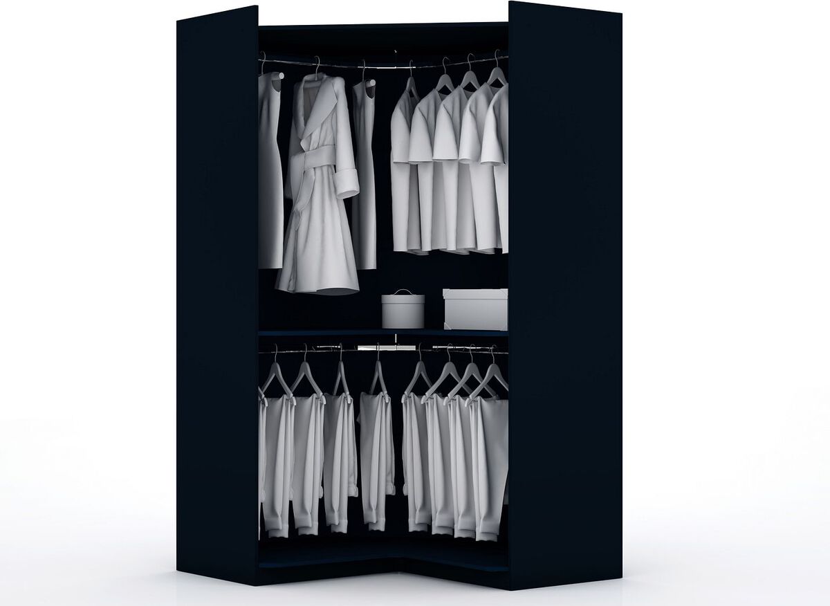 Manhattan Comfort Cabinets & Wardrobes - Mulberry 2.0 Modern Corner Wardrobe Closet with 2 Hanging Rods in Tatiana Midnight Blue