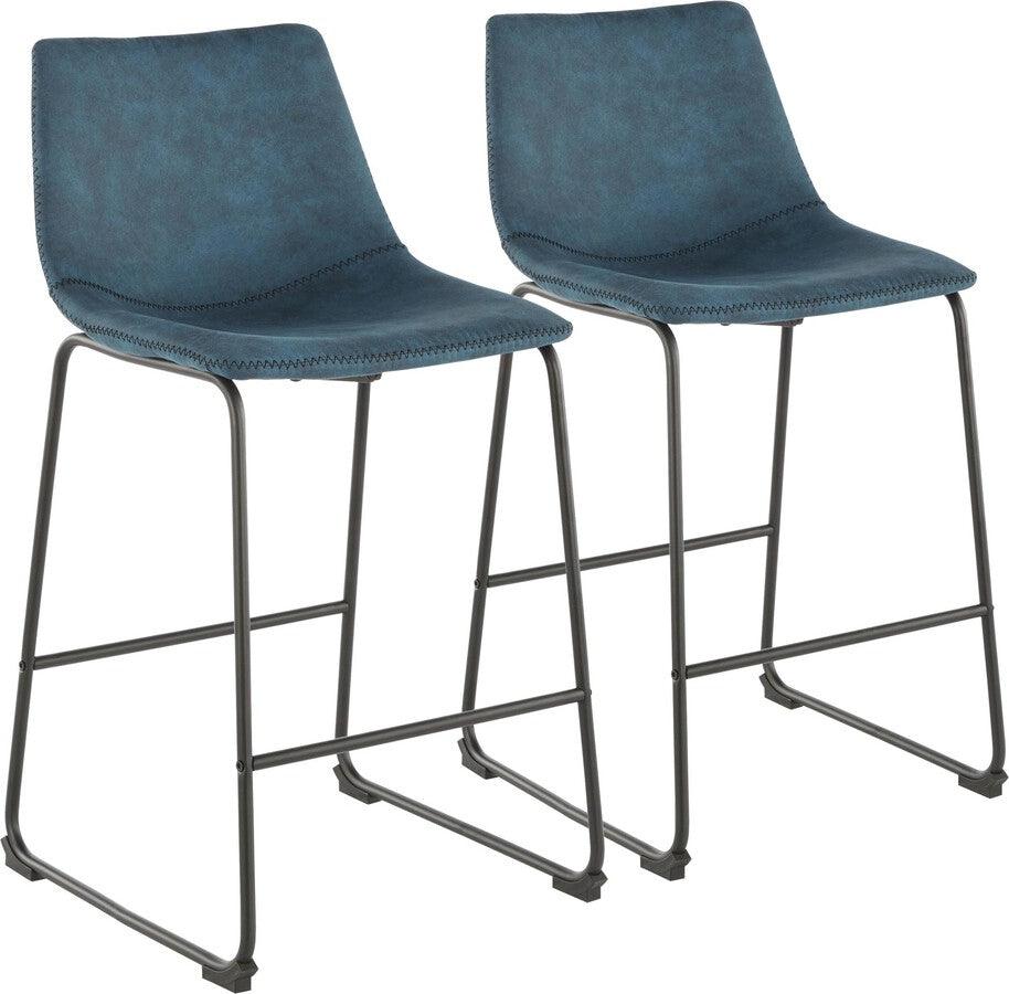 Lumisource Barstools - Duke 26" Industrial Counter Stool in Black with Blue Cowboy Fabric and Black Stitching - Set of 2