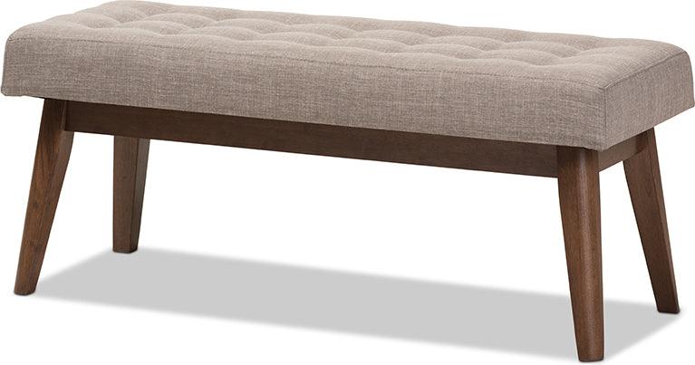 Wholesale Interiors Benches - Elia Mid-Century Modern Walnut Wood Light Grey Fabric Button-Tufted Bench