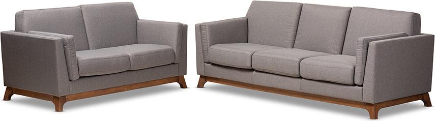 Wholesale Interiors Living Room Sets - Sava Mid-Century Modern Gray Fabric Upholstered Walnut Wood 2-Piece Living Room Set