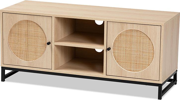 Wholesale Interiors TV & Media Units - Ardon Bohemian Light Brown Wood and Black Metal 2-Door TV Stand with Natural Rattan