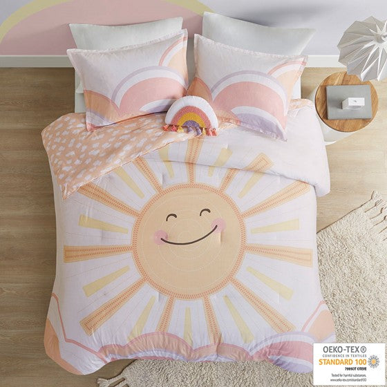 Olliix.com Comforters & Blankets - Sunshine Printed Reversible Comforter Set Yellow/Coral Twin