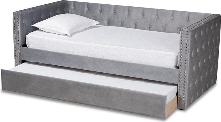 Wholesale Interiors Daybeds - Larkin Grey Velvet Fabric Upholstered Twin Size Daybed with Trundle