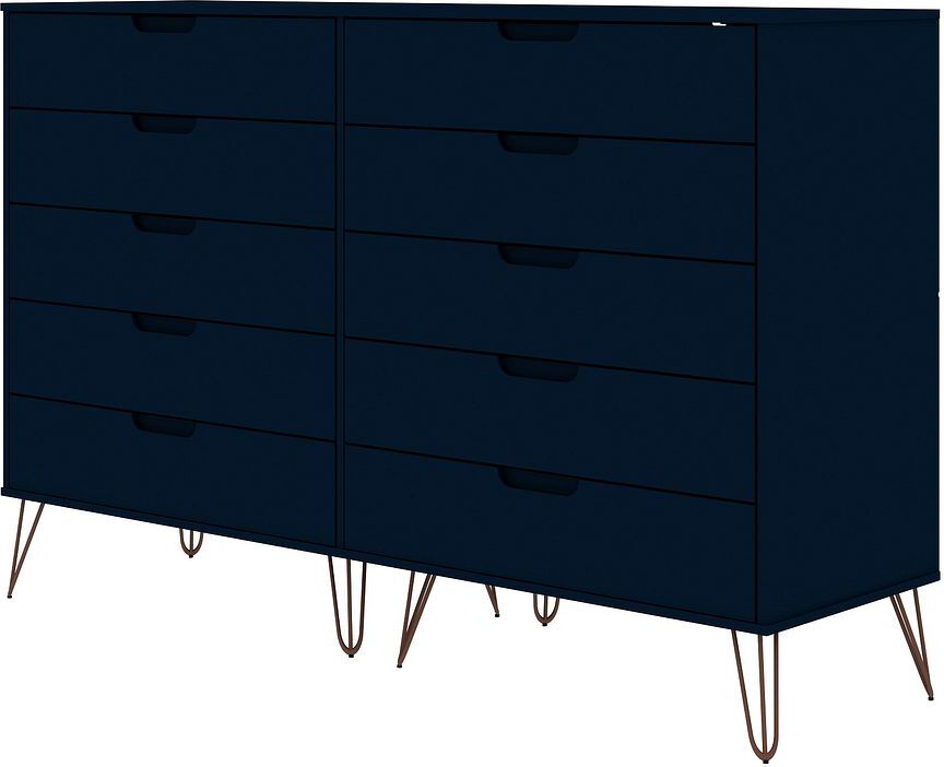 Manhattan Comfort Dressers - Rockefeller 10-Drawer Double Tall Dresser with Metal Legs in Tatiana Midnight Blue