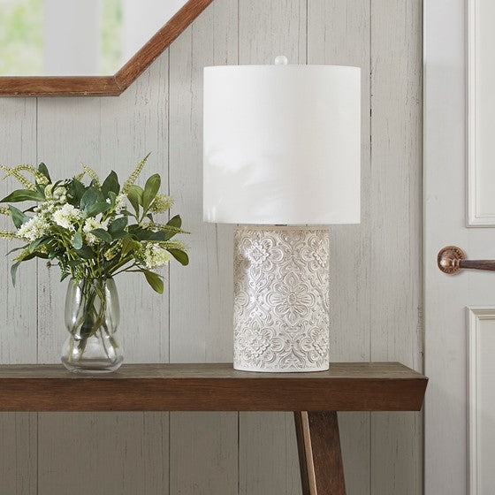 Olliix.com Table Lamps - Embossed Floral Resin Table Lamp Ivory