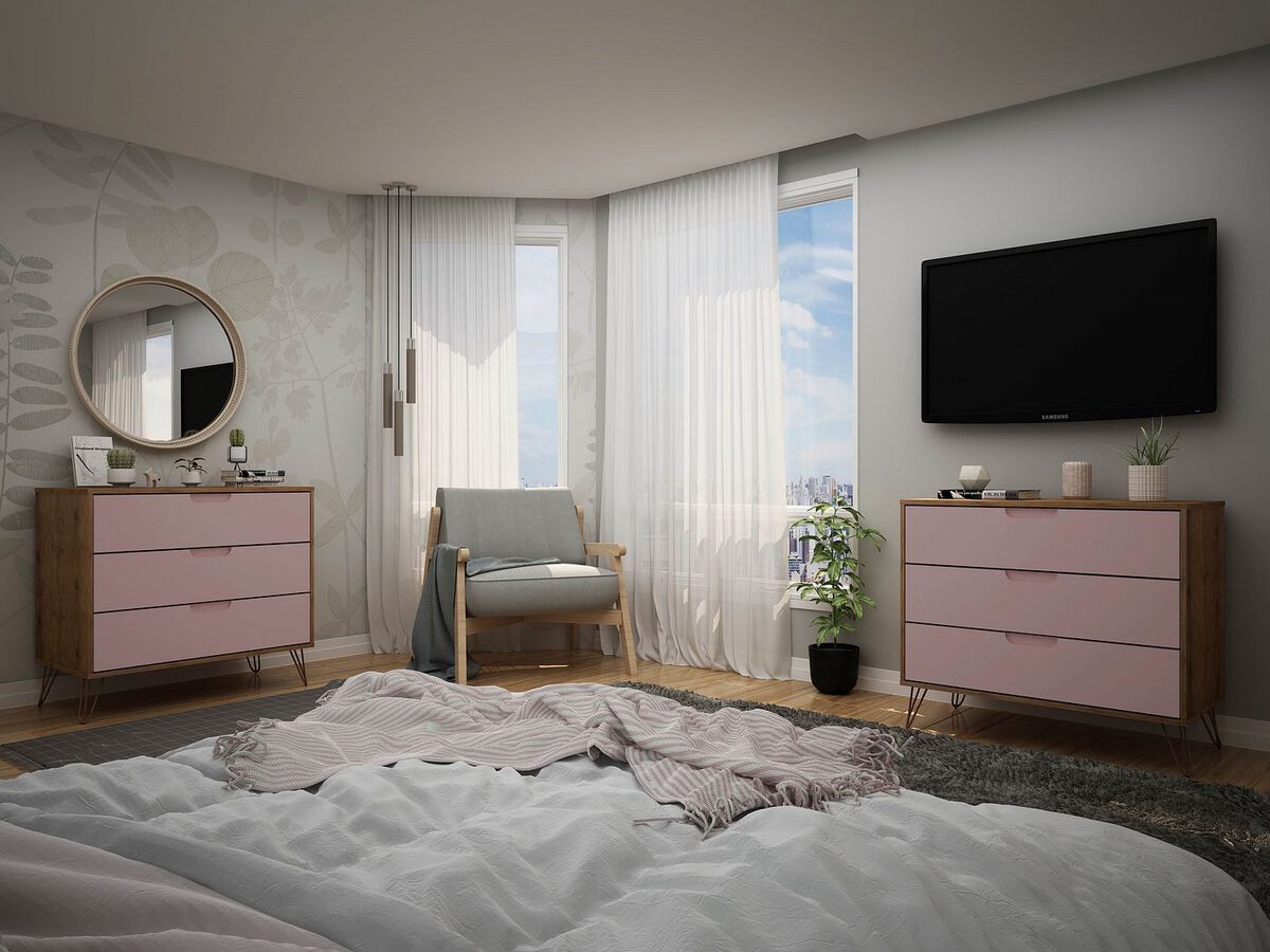 Manhattan Comfort Bedroom Sets - Rockefeller 3-Drawer Nature & Rose Pink Dresser (Set of 2)