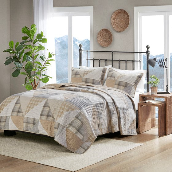 Olliix.com Coverlet - Olsen 3 Piece Oversized Cotton Quilt Set Tan Full/Queen