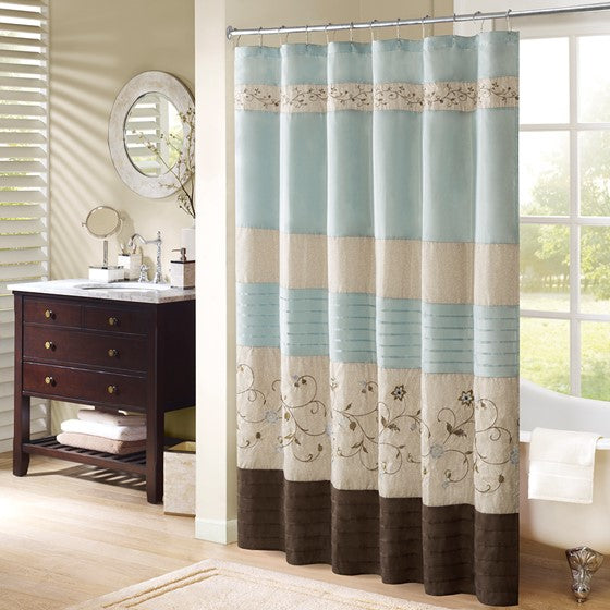 Olliix.com Shower Curtains - Faux Silk Embroidered Floral Shower Curtain Blue