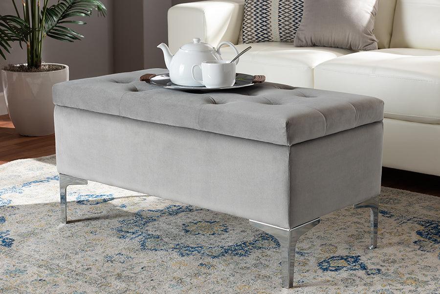 Wholesale Interiors Ottomans & Stools - Mabel Modern Transitional Grey Velvet Fabric Upholstered Silver Finished Storage Ottoman